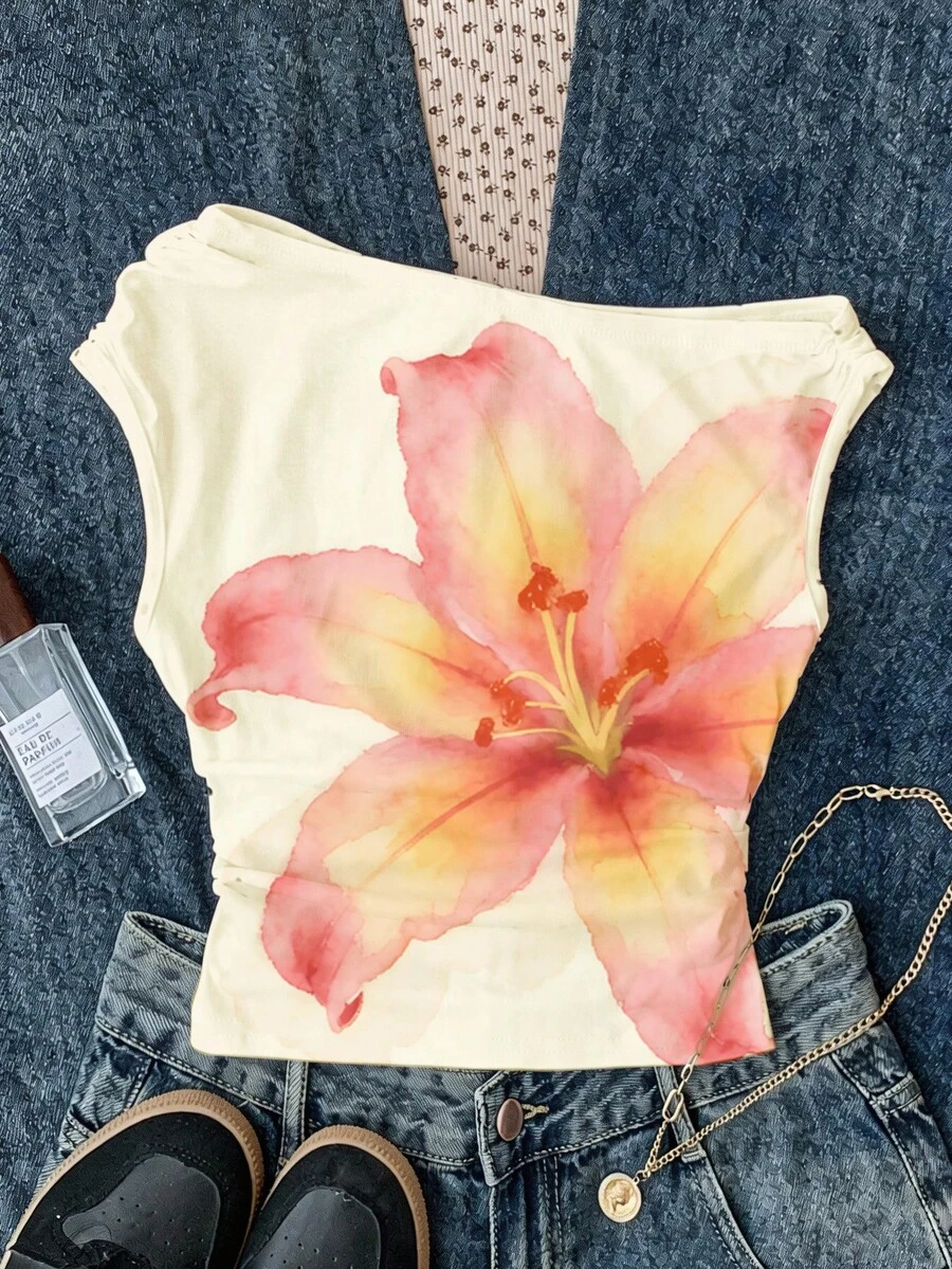 Tween Girls' Floral Print Asymmetric Collar Casual Summer Top - Multicolor - View 1