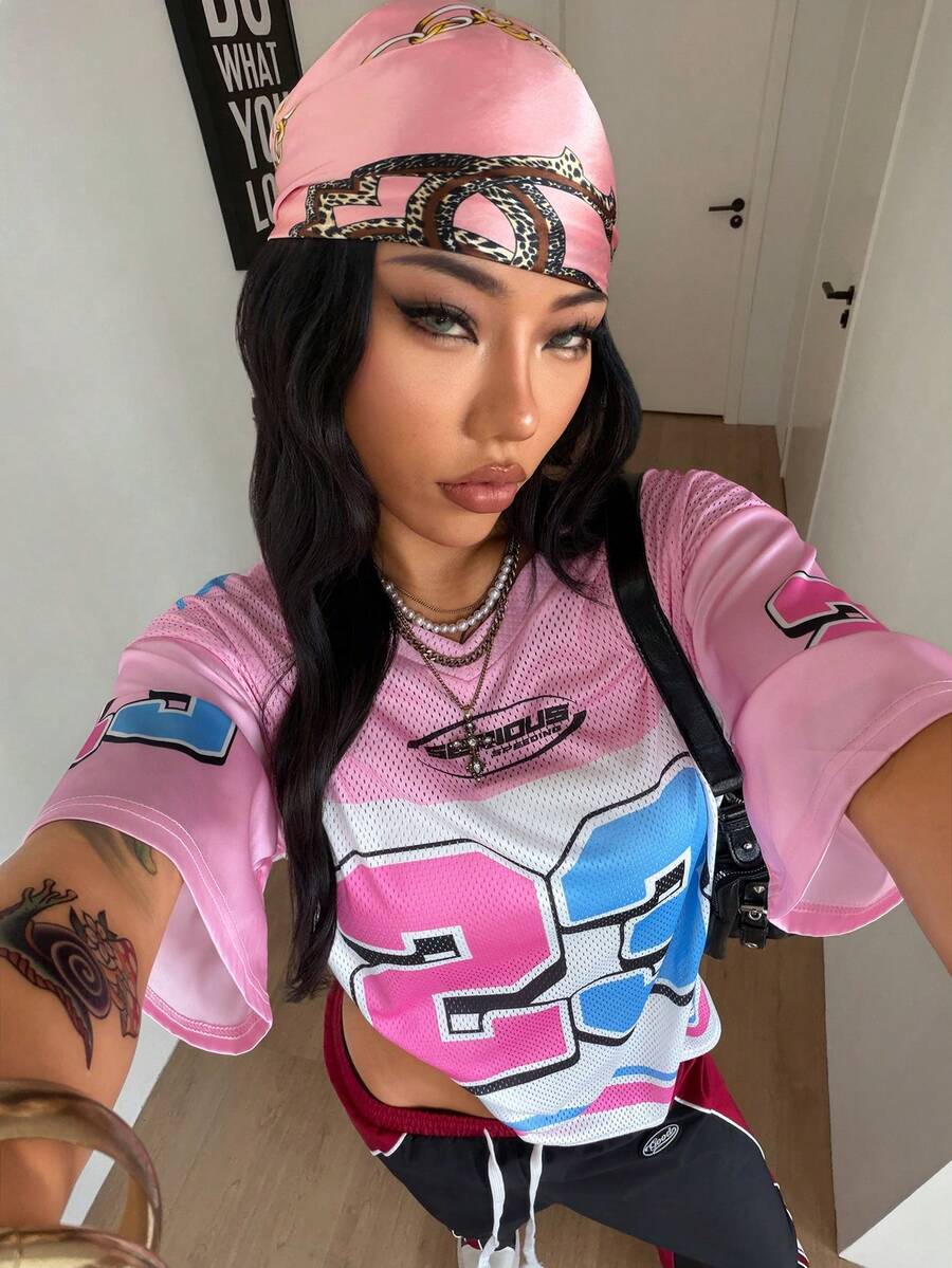 Coolane 女士夏季街头风休闲运动印花透气网眼宽松针织T恤 - 粉色 - 查看 1