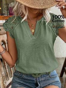 SHEIN Frenchy Áo thun trơn màu mùa hè với họa tiết ren và cổ chữ V. Chất liệu ren tan trong nước, cotton tre, thoải mái và thoáng khí, thích hợp mặc hàng ngày, đi làm, đi nghỉ mát, phong cách cottagecore, mùa cưới. - Màu xanh lá cây đậm - Xem 7