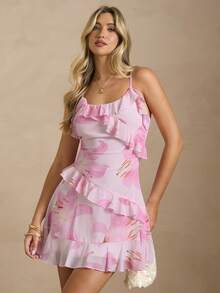 Enchnt 粉色碎花印花休闲日常无袖迷你连衣裙，修身显瘦 - 粉色 - 查看 4