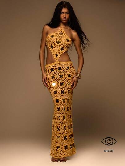 MUSERA Crochet Knit Sequin Halterneck Cut Out Maxi Dress Spring Summer Elegant Vacation Holiday Ibiza Club Occasion Sexy Evening Wedding Guest Sunset Kiss