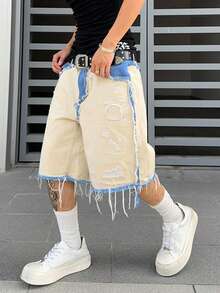 Manfinity EMRG Men Plus Size Summer Casual Contrast Color Frayed Ripped Loose Wide Leg Denim Shorts - Apricot - View 1