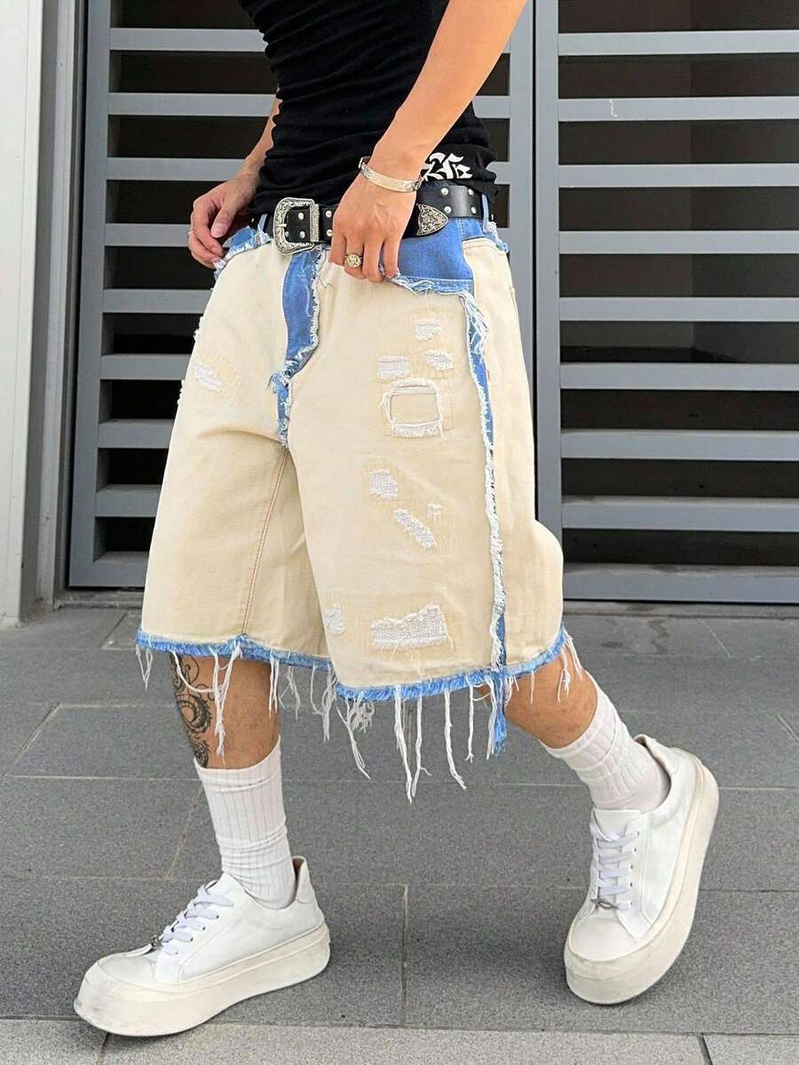 Manfinity EMRG Men Plus Size Summer Casual Contrast Color Frayed Ripped Loose Wide Leg Denim Shorts - Apricot - View 1