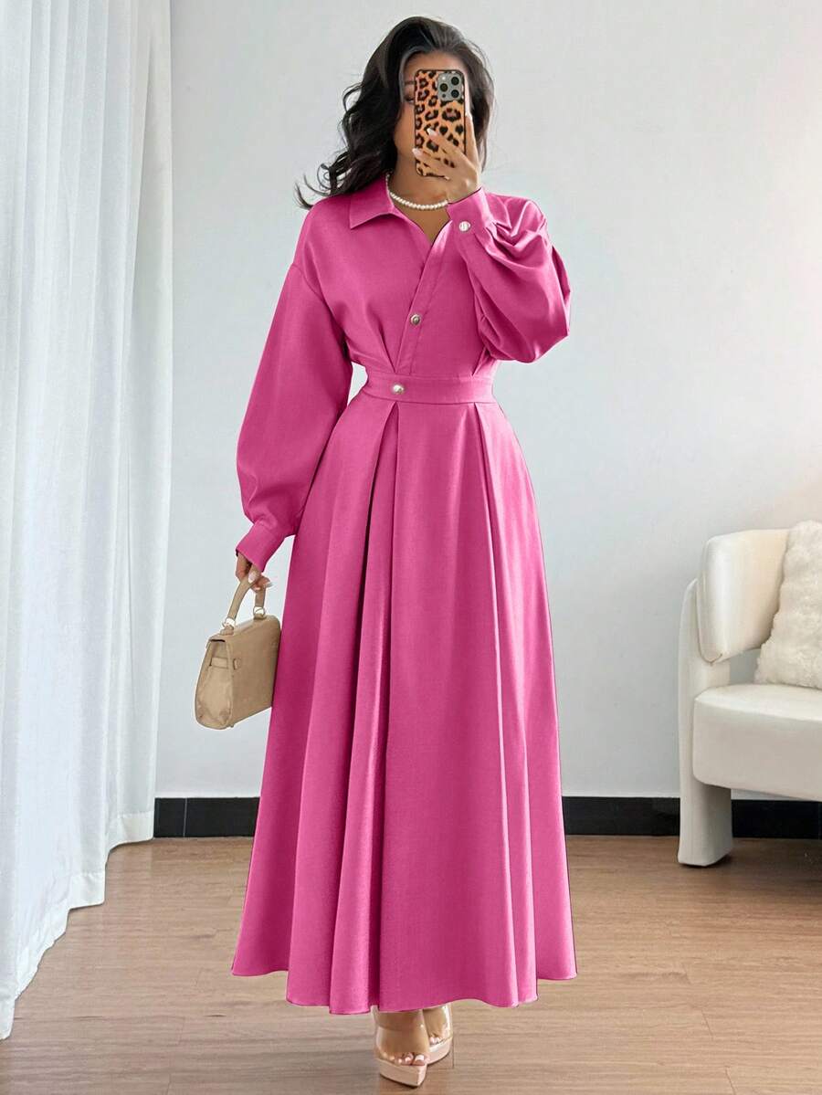 Rafferiza Vestido Feminino com Gola Virada, Ombros Caídos, Manga Longa, Cintura Franzida e Silhueta em A, Adequado para Saídas, Férias, Feriados e Viagens - Pink - Visão 1