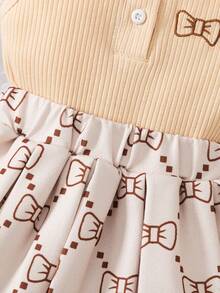 SHEIN 2pcs/Set Baby Girl Spring&Summer Casual Style Bowknot-Shape Embroidery Sleeveless Top&Short Pleated Skirt - Khaki - View 6