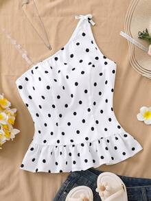 Teen Girl Summer Vacation Polka Dot Print Ruffle Hem Sleeveless Camisole - White - View 6