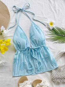 Soleia Women's Knotted Halter Backless Sexy Blouse For Dates And Outings - Baby Blue - View 1