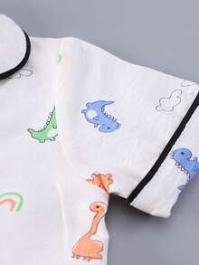SHEIN Toddler Boys' Casual Dinosaur Print Short Sleeve Shorts 2pcs Set, Comfortable Loungewear - Beige - View 7