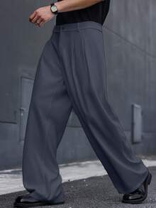 Manfinity Hypemode Men's Casual Versatile Solid Color Pants Women S Trousers Summer Grey Wide Leg Dress Oversize Pleated Gray Pant Trouser - Dark Grey - View 3