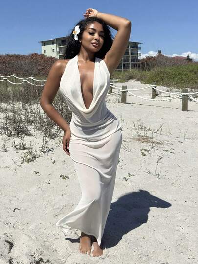 Alexandranx 女士度假/沙滩装，垂坠领口，闪亮材质，优雅性感，修身美人鱼下摆罩衫