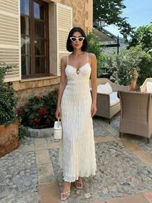 Firerie Women's V-Neck Spaghetti Strap Crinkle Fabric Ivory Sexy Backless Casual Dress ,Summer Dress - Beige - View 4