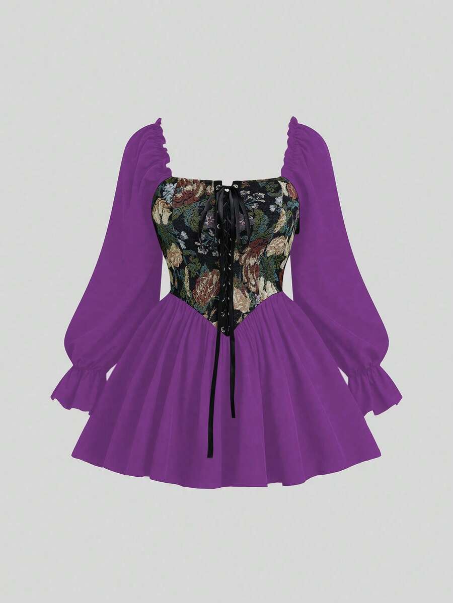 Sweetra Plus Size Dark Style Square Collar Jacquard Waist Flared Hem Shirt - Purple - View 1