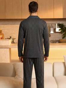 Velminro Men's Plaid Casual Pajama Set, Long Sleeve Top And Pants - Black - View 2