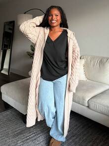 Tyla Gomez Áo khoác cardigan dài hở vai hở phía trước, áo cardigan dệt kim cáp thả vai có mũ rộng rãi màu mơ đơn giản cho nữ, trang phục thường ngày, áo dài tay - Màu be - Xem 1