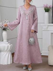 Al Najma Đầm maxi dài tay sang trọng thêu và đính cườm, phong cách truyền thống Thổ Nhĩ Kỳ và Ả Rập. - Màu tím - Xem 4