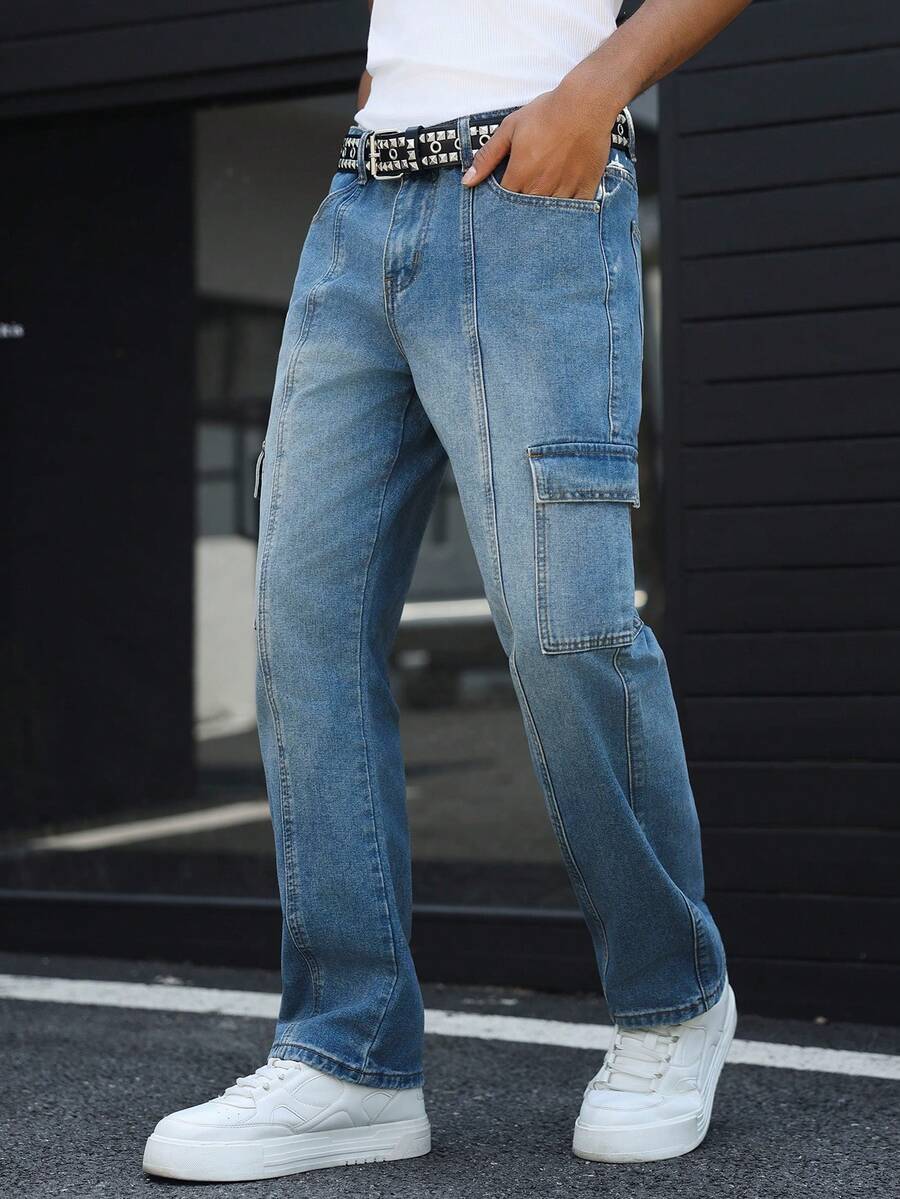 Manfinity EMRG 休闲水洗蓝色宽松直筒工装牛仔裤，带大口袋，春夏款 - 藍色 - 查看 1