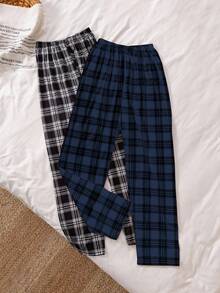 2 piezas/Set Pantalones de pijama para adolescentes, estampado clásico minimalista a cuadros, pantalones cómodos para estar en casa - Multicolor - Ver 2