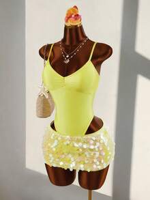 Amplova Conjunto de 2 piezas de mujer con camisola acanalada verde neón y minifalda ajustado con lentejuelas sexy - Amarillo - Ver 3