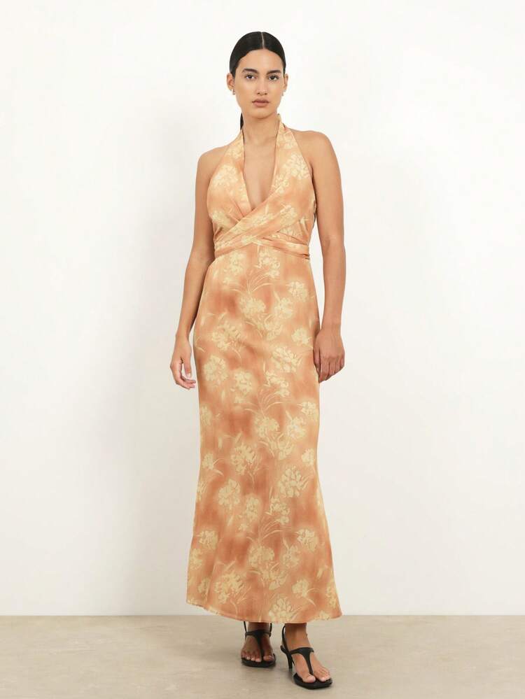 KSTM Women's Halter Neck Floral Maxi Dress Deep V-Neck Tie Detail Backless Evening Party Wedding Guest Formal Long Dress Summer Spring