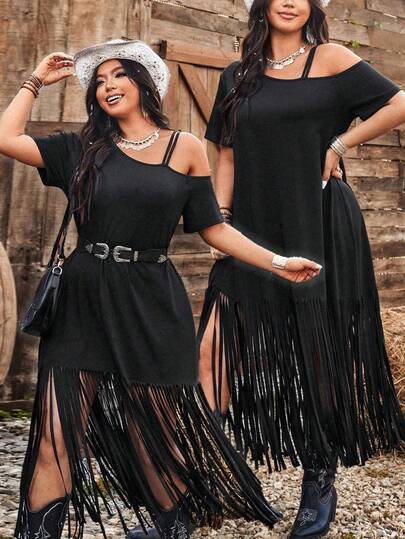 Ceyna Plus Size Casual Long Tassel Dress