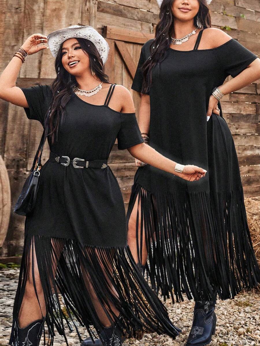 Ceyna Vestido casual largo con flecos para tallas grandes - Negro - Ver 1