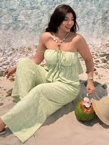 SHEIN EZwear 大码女式两件套绿色吊带背心，适合度假休闲穿着；大码女式裤装套装，夏季沙滩罩衫套装；女式沙滩装；沙滩套装；沙滩连体裤；女式沙滩装 - 彩色 - 查看 4