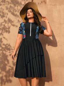 Swim Mulvari Plus Size Women 2pcs/Set Random Print Half Sleeve Zipper Front Loose Split Dress With Solid Color Shorts Swimwear Set - Black - View 3