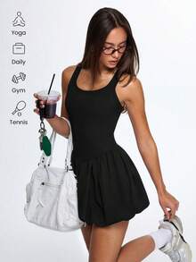 Eassivo Eassivo 女士运动连衣裙，后背交叉设计，网球裙，适合户外运动和休闲跑步 - 黑色 - 查看 5