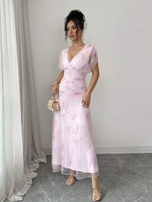 Elenzga 女士浅粉色网纱印花牡丹花卉长裙，带衬里，适合20-35岁以上女性出席正式晚宴、婚礼、情人节约会（随机花卉图案） - 粉色 - 查看 5