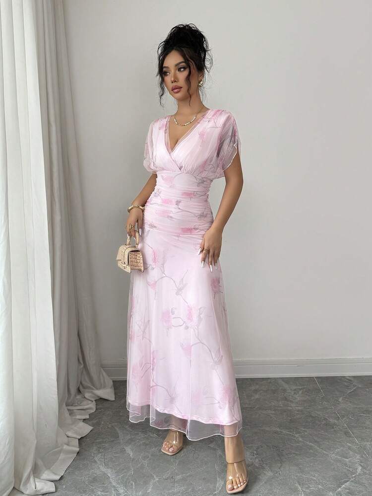 Elenzga Women's Light Pink Mesh Printed Peony Floral Long Dress With Lining, Suitable For 20-35+ Women For Formal Evening Party, Wedding, Valentine's Date (Random Floral Print) - Pink - View 5