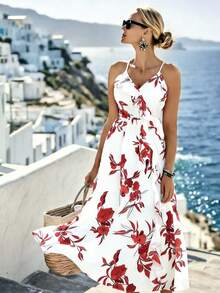 Louniche Vestido Longo Floral com Babados e Alças Finas, Decote em V Elegante, Sem Mangas, Ideal para Verão, Festa, Encontro, Escritório, Negócios - Multicolorido - Visão 1