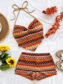 Soleia Plus Size Burnt Orange Women 2-Piece Set Boho Colorful Striped Spaghetti Strap Camisole Shorts Summer Vacation Holiday Beach Wedding Guest Outfits - Multicolor - View 2