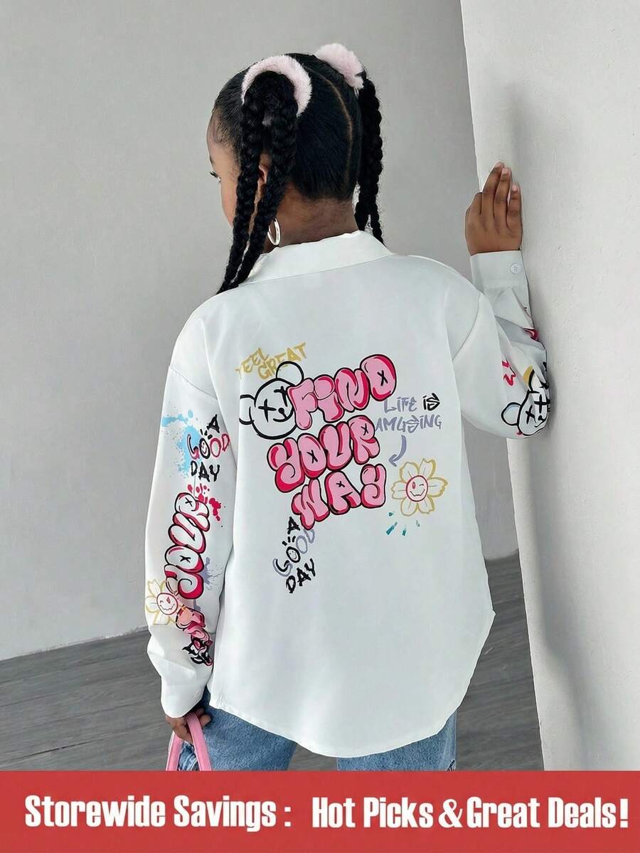 SHEIN Explorewe Tween Girl Oversized White Shirt With Graffiti And Bear Pattern - White - View 1