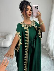 SHEIN Elenzya 女士无袖开襟金色蕾丝拼接袖口长款开衫和修身连衣裙两件套，优雅派对装扮 - 墨綠色 - 查看 7