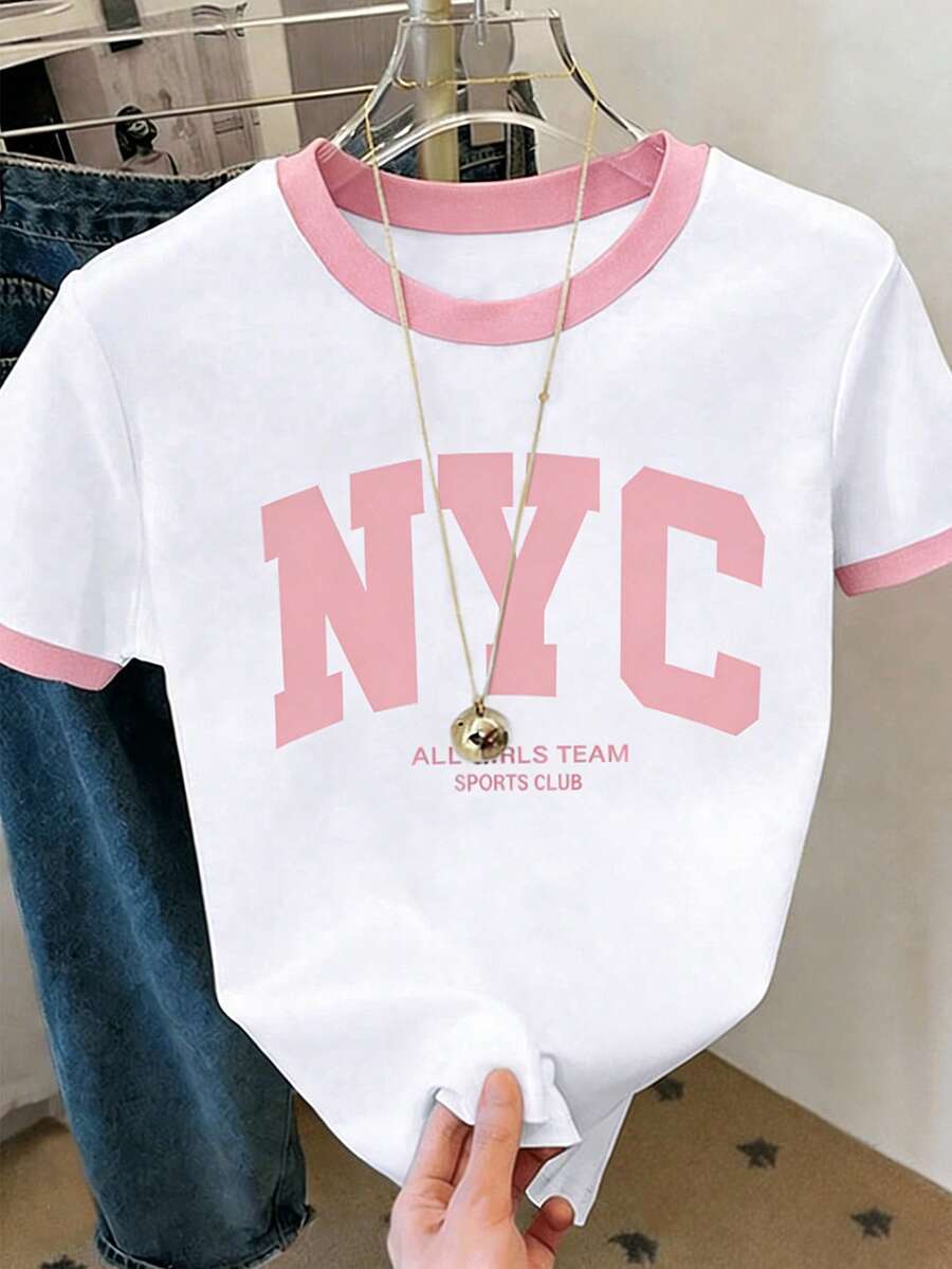 少女短款T恤,撞色袖,纽约市字母印花,休闲百搭,适合外出、日常穿着,春、夏、秋季皆宜,修身版型,经典字母T恤夏季上衣 - 彩色 - 查看 1