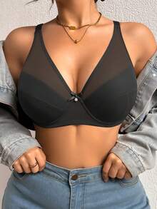 DesireSculpt Lencería para mujer de talla grande, sólida, cómoda y sexy, con malla fina y suave, amigable con la piel, con aros de acero y sujetador con elevación instantánea acolchado - Negro - Ver 6