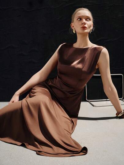 Aveloria Modichic Women Satin Acetate Fabric Waist-Controlled Big Swing A-Line Shape Sleeveless Round Neck Bias Cut Knitted Patchwork Stretchy Irregular Hem Elegant Vintage High-End Business Style Brown Long Dress Elegant Dresses For Women Brown Dress Work Outfits For Women Office Wear For Women
