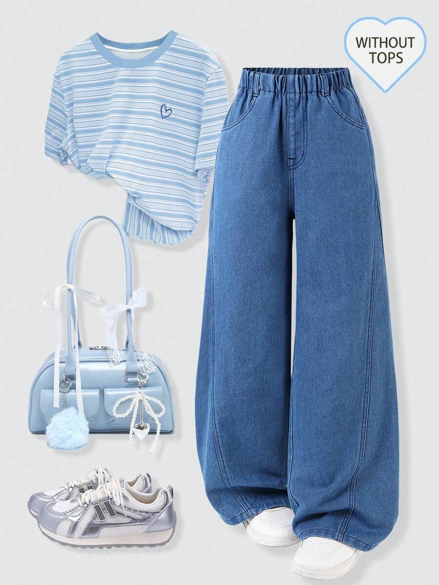 Quần dài denim ống rộng cạp cao màu xanh đậm cho bé gái tuổi teen 2026, kiểu dáng rộng rãi thoải mái, dễ phối với áo thun đơn giản, đa năng, phong cách đường phố cá tính, thích hợp cho mùa xuân thu. - Rửa tối - Xem 1