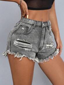 SHEIN ICON Fashionable Casual Washed Shorts, Versatile For Summer - Light Grey - View 4