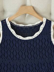 SHEIN Franclia 新款简约夏日度假风优雅镂空波浪领性感吊带修身连衣裙，撞色针织背心无袖毛衣两件套，春夏款 - 寶藍色 - 查看 3