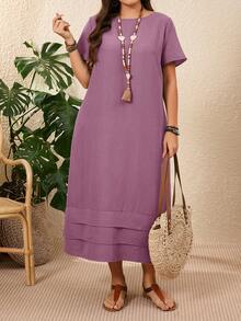 EMERY ROSE Đầm ngắn tay màu trơn cỡ lớn, kiểu dáng thường ngày, thích hợp cho kỳ nghỉ xuân của phụ nữ, màu xanh lá cây nhạt. - Bụi tím - Xem 1