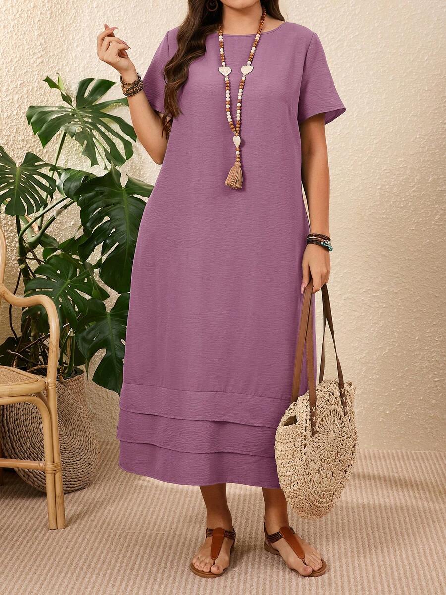 EMERY ROSE Đầm ngắn tay màu trơn cỡ lớn, kiểu dáng thường ngày, thích hợp cho kỳ nghỉ xuân của phụ nữ, màu xanh lá cây nhạt. - Bụi tím - Xem 1