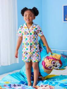 SHEIN | PAW Patrol 女童格子常规肩短袖可爱印花夏季睡衣 - 白色 - 查看 4