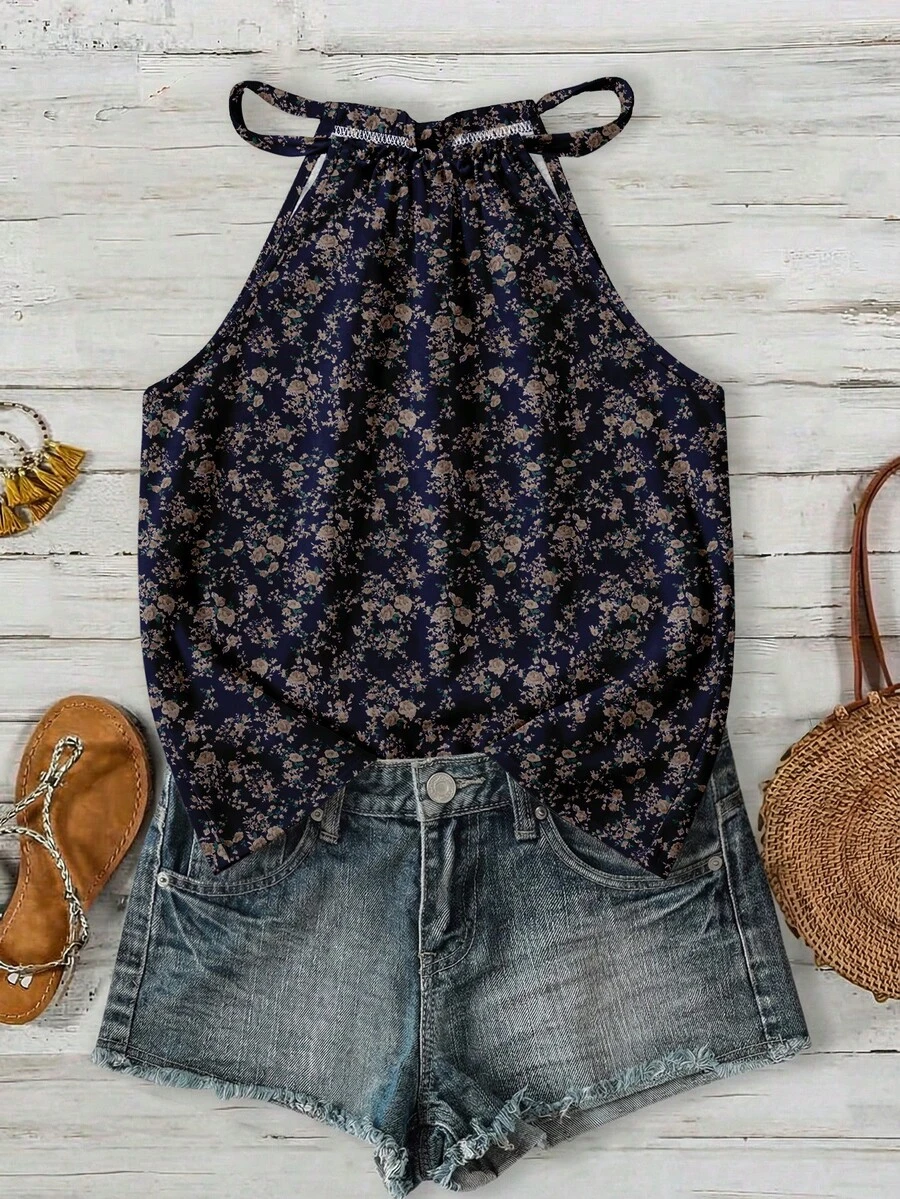 SHEIN LUNE Áo tank top cổ yếm họa tiết hoa giản dị dành cho nữ, thích hợp cho mùa xuân và mùa hè. - Nhiều màu - Xem 1