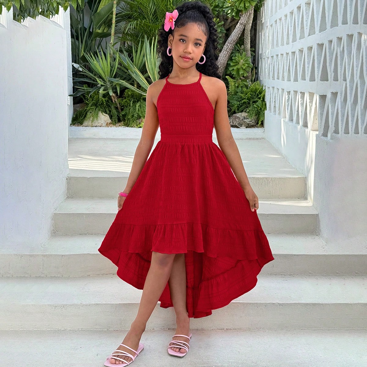 Vestido de niña preadolescente de unicolor con escote halter, cintura curva y bajo con dobladillo, para vacaciones