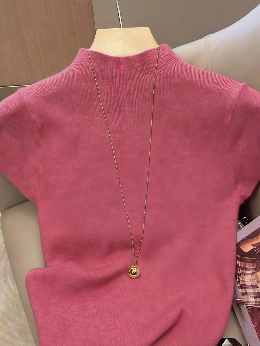 Resyla 女士休闲纯色立领短袖毛衣 - 玫紅色 - 查看 1