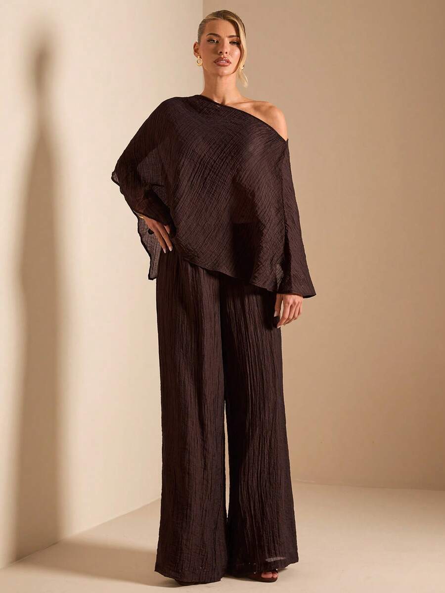 SHEIN BAE Apricot Asymmetric Shoulder Textured Poncho Top & Wide Leg Pants 2 Pieces Set, Suitable For Outings, Vacation, Beach, Textured 2 Pieces Set - Apricot - View 1