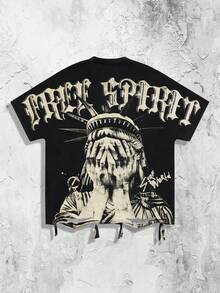 ROMWE MEN Street Life Men's Street Style Batwing Sleeve Graphic T-Shirt, Suitable For Everyday Wear, Spring/Summer - Black - View 7