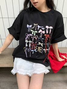DAZY Women's Bow Print Round Neck Short Sleeve Casual T-Shirt - Black - View 6