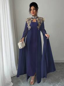 Rafferiza Women's Mandarin Collar Applique Split Long Sleeve Robe And Dress Fashionable Party Suit - Navy Blue - View 3